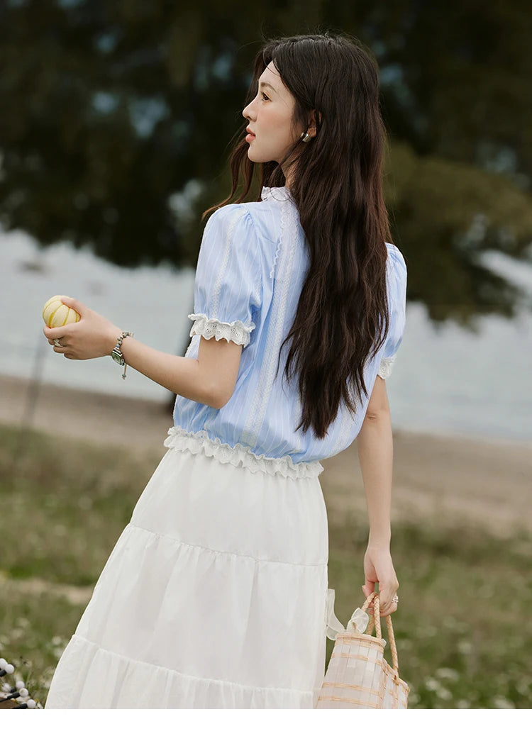MISHOW Striped Blouse Short Puff Sleeve Lace Patchwork MXE32X1759