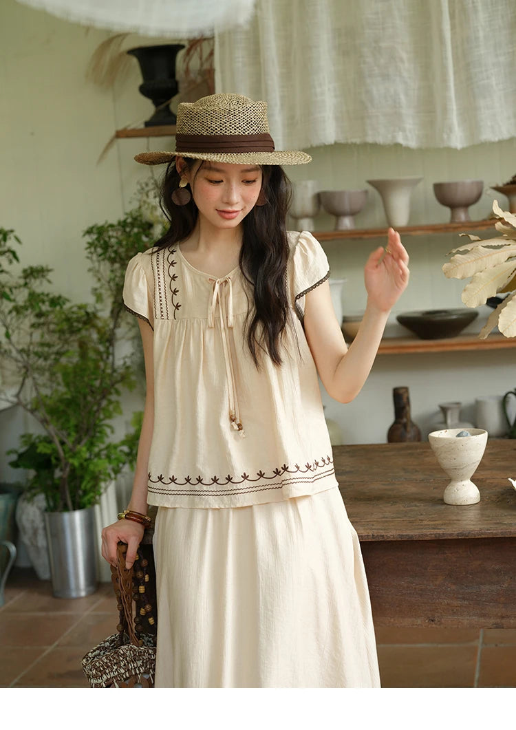 Mishow Embroidery Flying Sleeve Top & Elastic Waist Skirt Set MXE39T0667