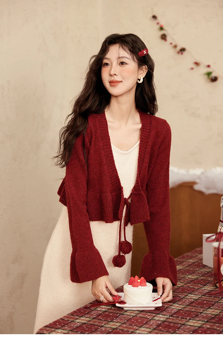 Mishow Pom-Pom Lace-Up Cardigan & Ruffle Strap Dress Set MXD59L2133