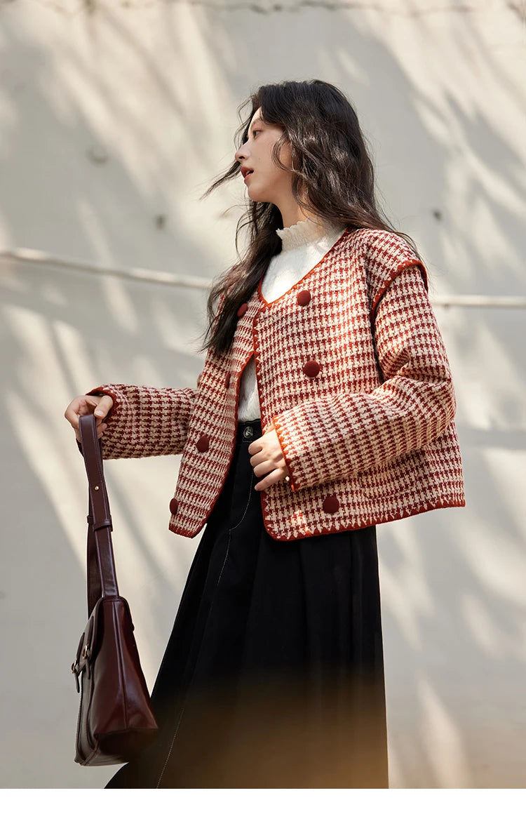 Mishow Red Plaid Double Breasted Tweed Jacket MXD56W0631