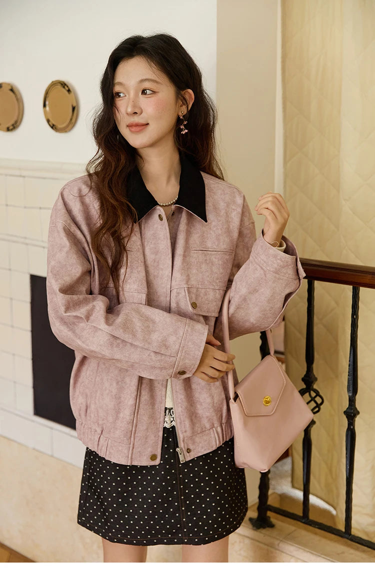 MISHOW Pink Purple Collision Lapel Jacket Suede Metal Zipper Elastic Hem MXE46W0865