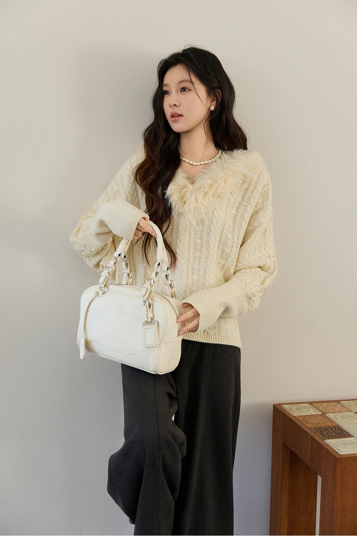 Mishow Faux Fur Collar Batwing Cable Knit Pullover MXE94Z2985
