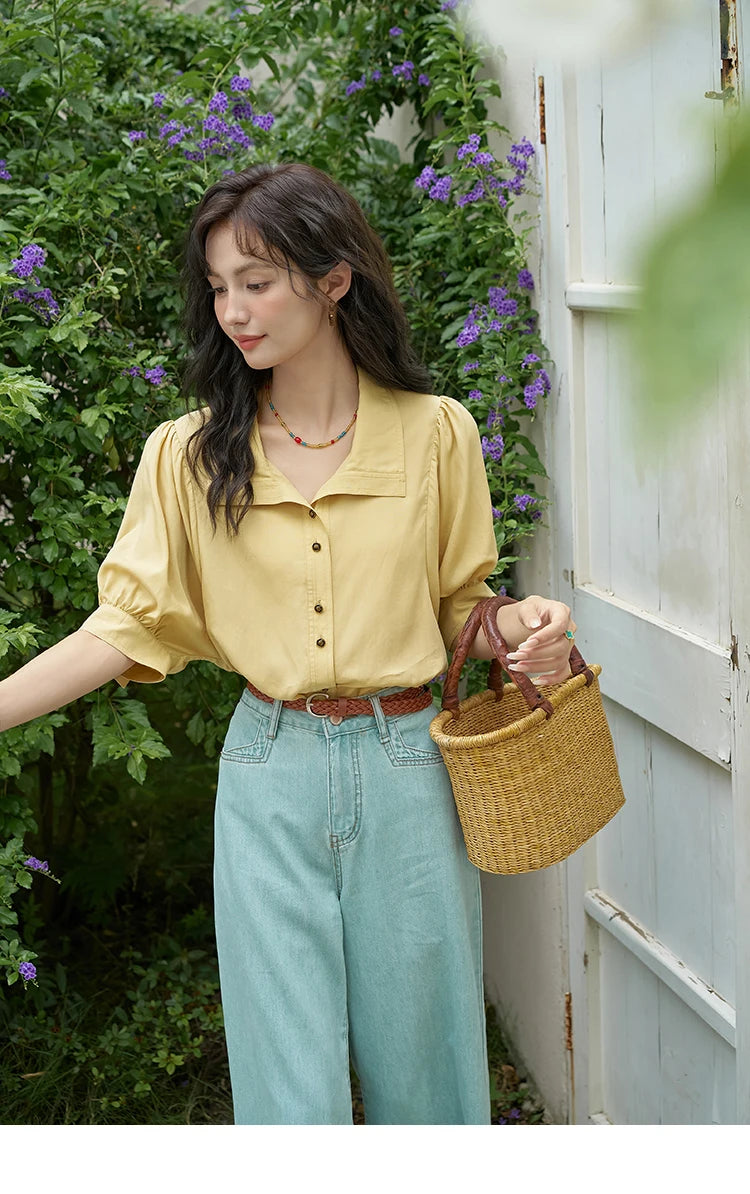 MISHOW Short Sleeve Blouse Lapel Simple Loose Fit MXD28C0247