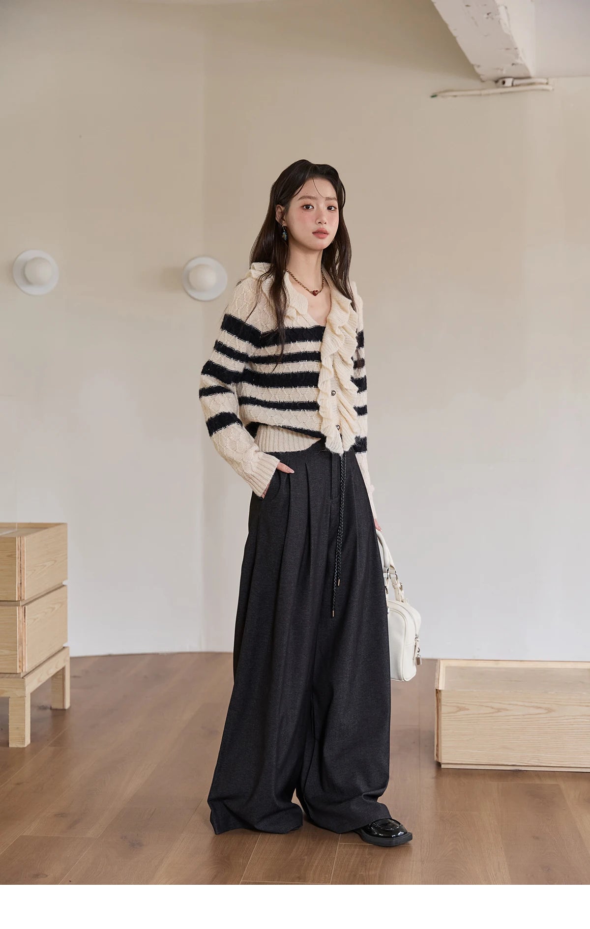 MISHOW Gray Wide-Leg Pants Lace-Up High Waist Slim MXE51K1106