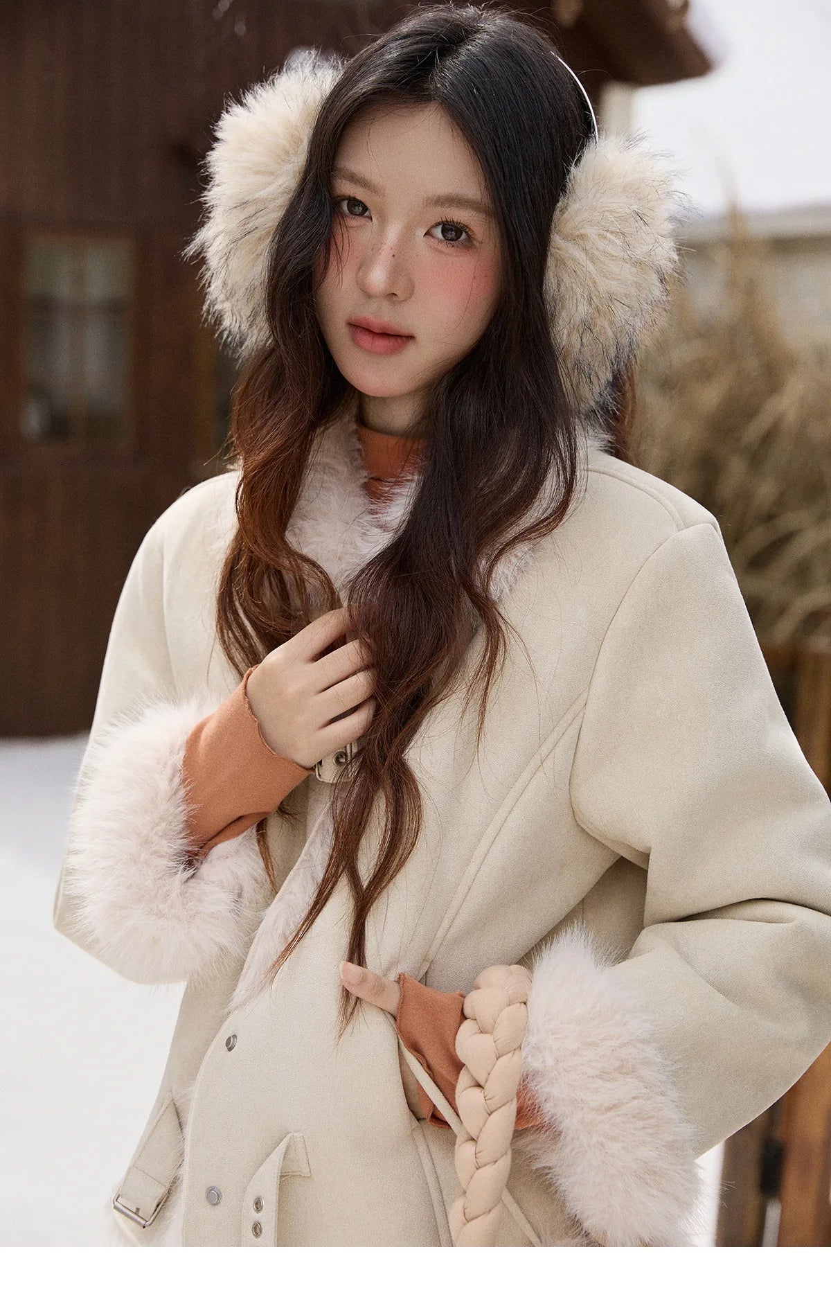 Mishow Faux Fur Lapel Short Coat with Plush Bag MXE91W1000