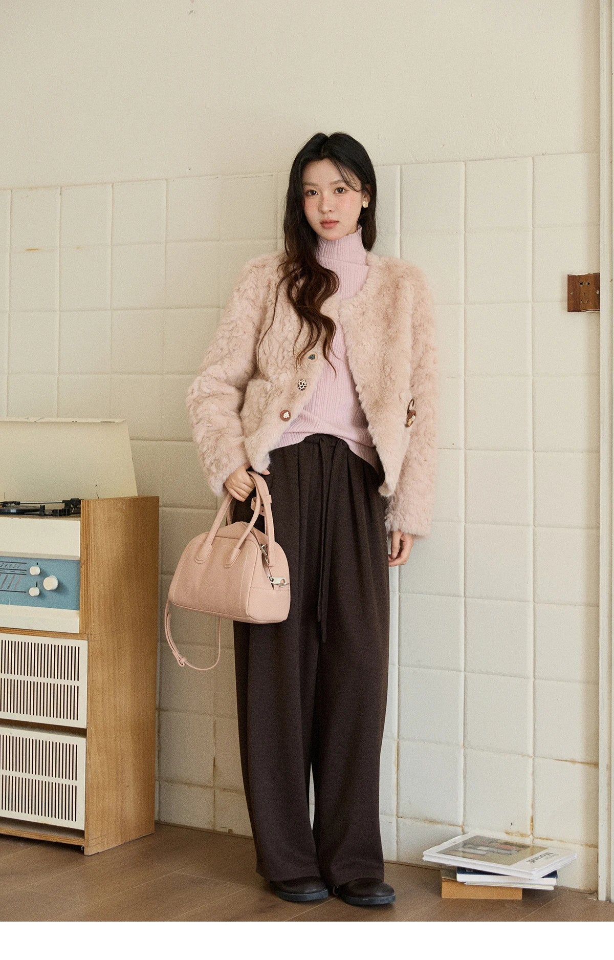 Mishow Sweet Pink Faux Rabbit Fur Coat MXE87W0990