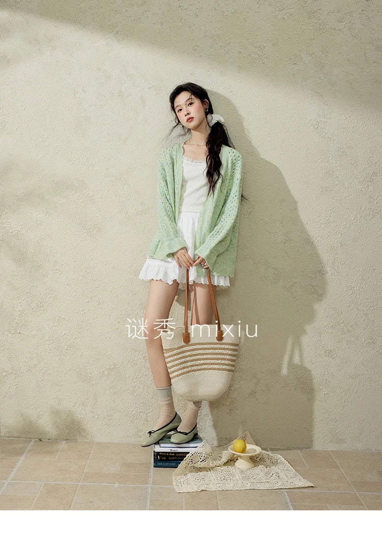 Mishow Green Hollow Out Wave Neck Cardigan MXE12Z1212