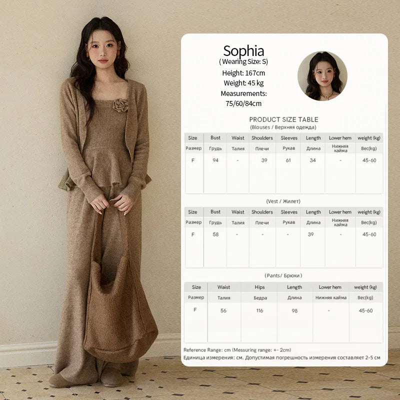 Mishow Khaki Knitted Three-Dimensional Floral Camisole Cardigan & Wide Leg Pants Three-Piece Set MXE87T1449