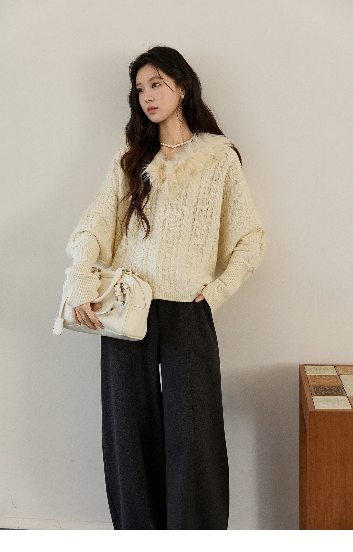 Mishow Faux Fur Collar Batwing Cable Knit Pullover MXE94Z2985