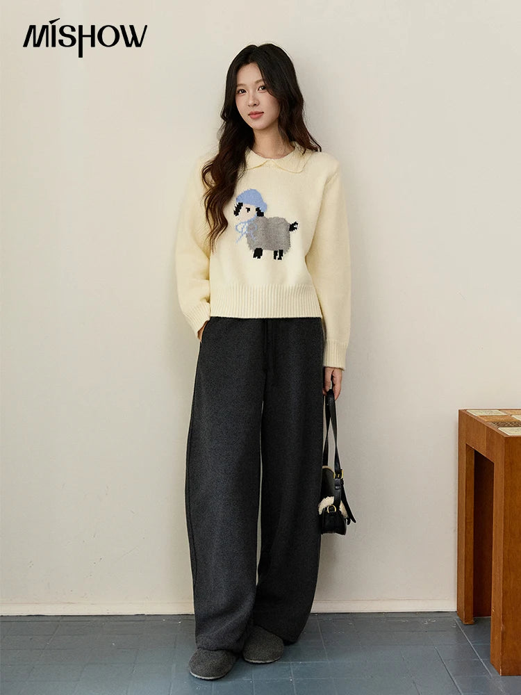 Mishow Beige Sheep Pattern Round Collar Sweater MXE94Z2962