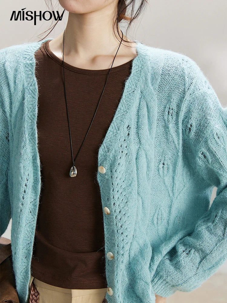 Mishow Blue Hollow Out V-Neck Wool Cardigan MXF13Z2975