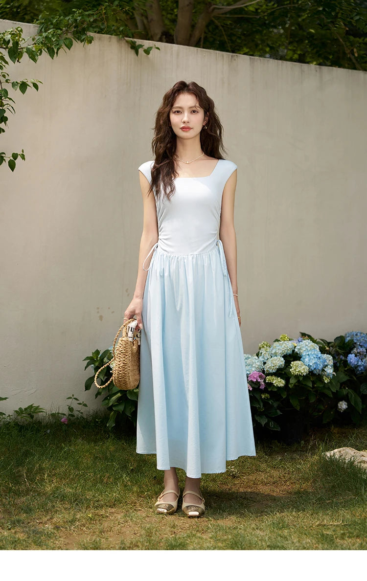 Mishow Square Neck Patchwork Side Drawstring Dress MXD23L1818