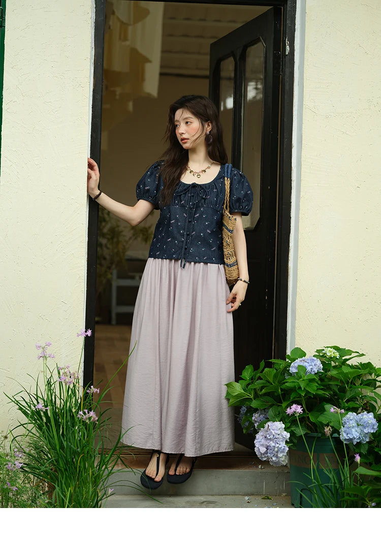 MISHOW Puff Sleeve Square Neck Blouse Lace Up Print Denim MXE39X1933