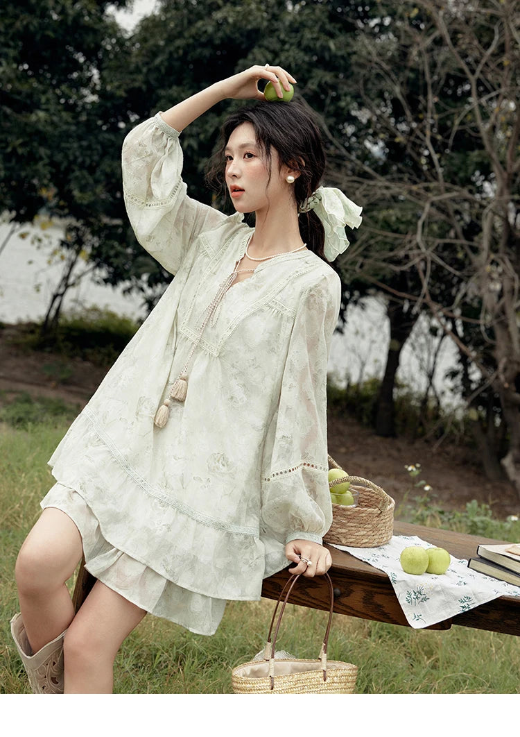 Mishow Floral V-Neck Tassel Lantern Sleeve Dress MXE15L2121