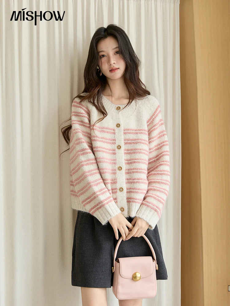 Mishow Pink Striped Wool Blend Cardigan MXE49Z2615