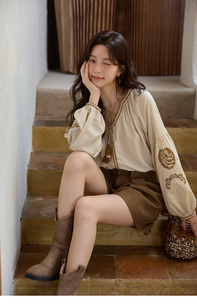 MISHOW Apricot Embroidered Blouse Tassels Lantern Sleeves MXE41X1940