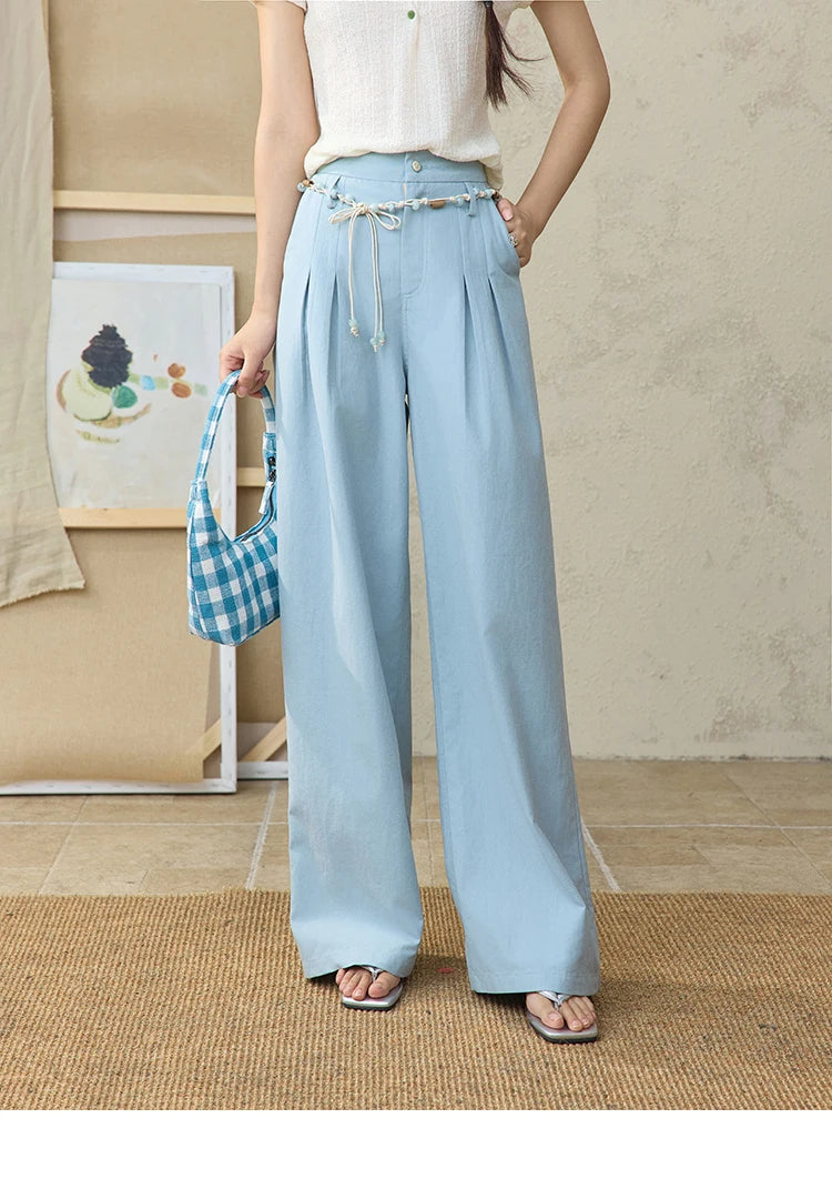 MISHOW Sea Salt Blue Wide Leg Pants Contrasting Bead Belt MXE35K0931