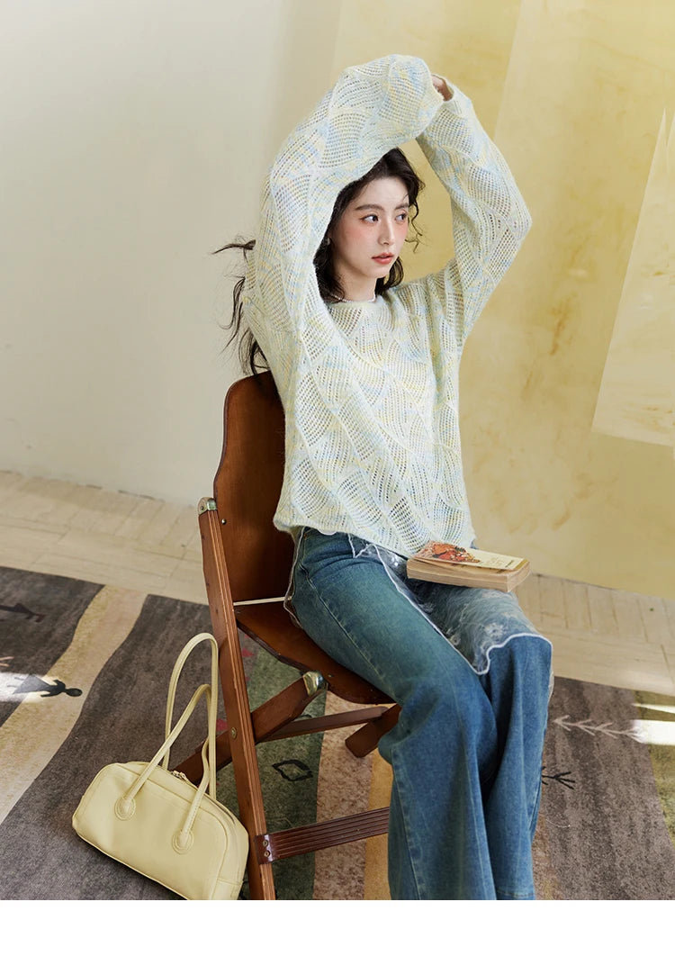 Mishow Hollow Dropped Shoulder Hem Wavy Edge Sweater MXE14Z1208