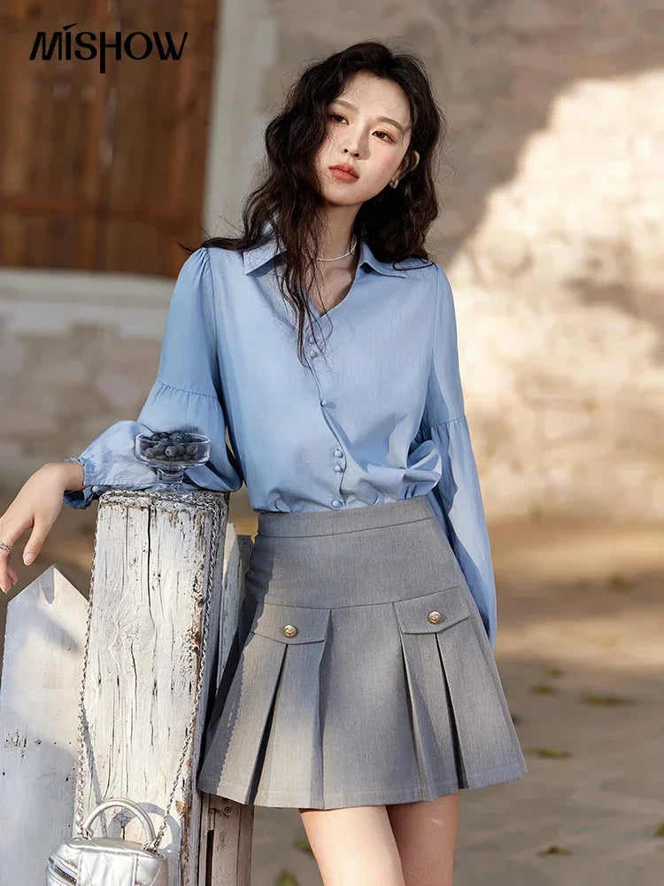 MISHOW French Polo Neck Long Sleeve Shirt Solid Casual MXE11C0388