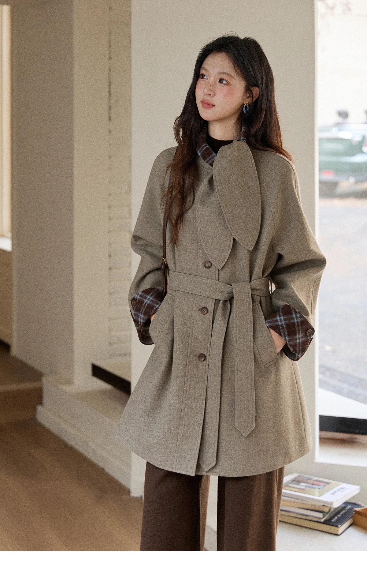 Mishow Retro British Plaid Rabbit Ear Tie Woolen Coat MXE90W0924
