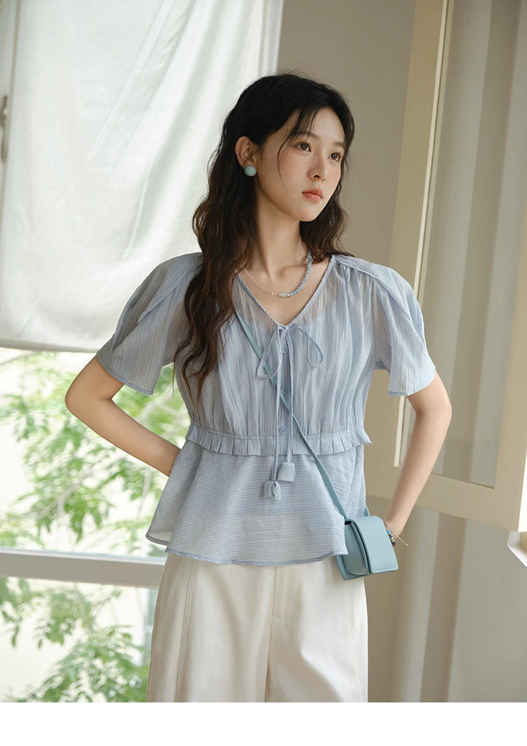 MISHOW V-Neck Blouse Splicing Button Lace Up Short Sleeve MXE34X1821