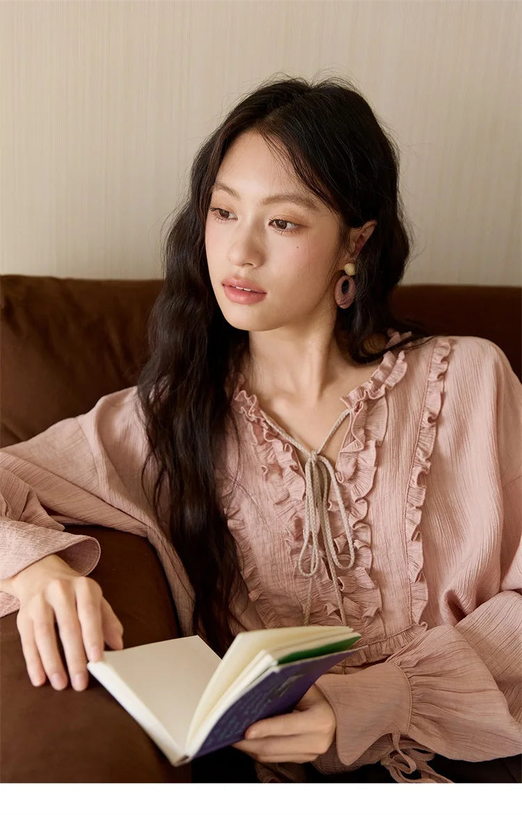 MISHOW Pink Blouse V-Neck Bubble Sleeve Fold Edge MXE45X2485