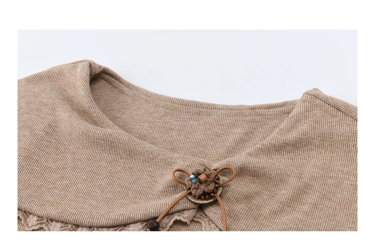 Mishow Khaki Large Collar Pleated Knit Dress MXF11L2553