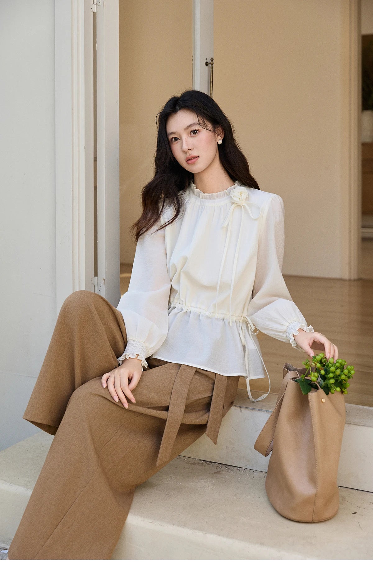 MISHOW Ruffled Stand Collar Blouse Drawstring Waist Puff Sleeve MXF11C2428