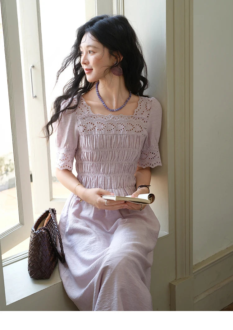 Mishow Purple Square Neck Puff Sleeve Lace Dress MXE39L2406