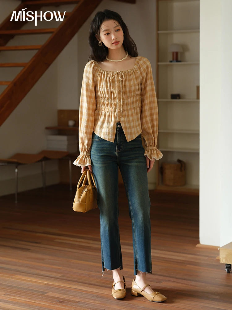 MISHOW Yellow Plaid Blouse Square Neck Puff Sleeve MXE43X1986