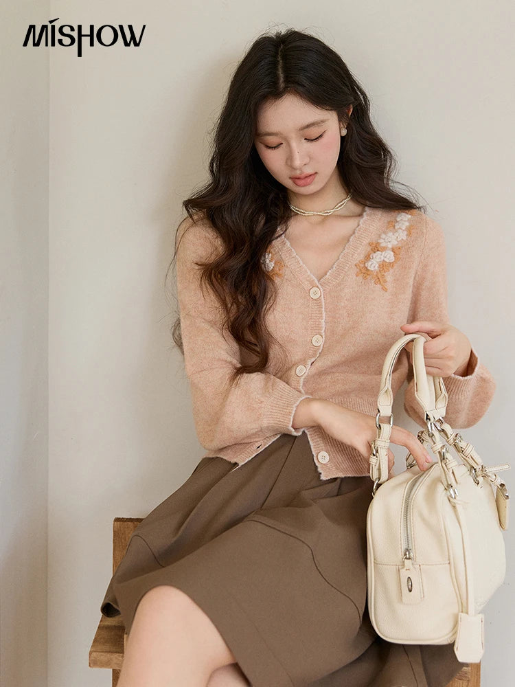 Mishow Floral Embroidery V-Neck Slim Cardigan MXF11Z2917