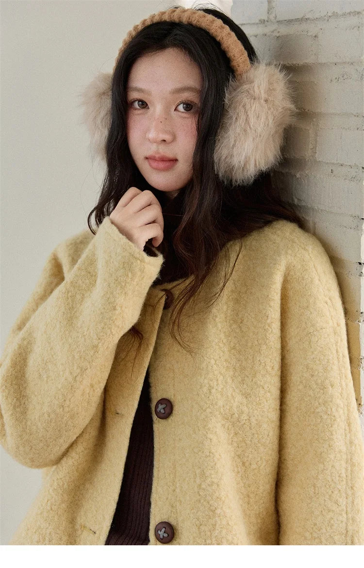 MISHOW Brown Wool Quilted Coat Round Neck Short Loose MXE87W0935