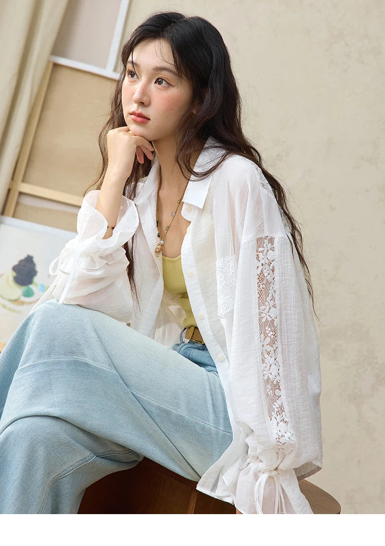 MISHOW Women's Patchwork Lace Shirt Lapel Drop Sleeve Drawstring Cuffs MXE31C0789