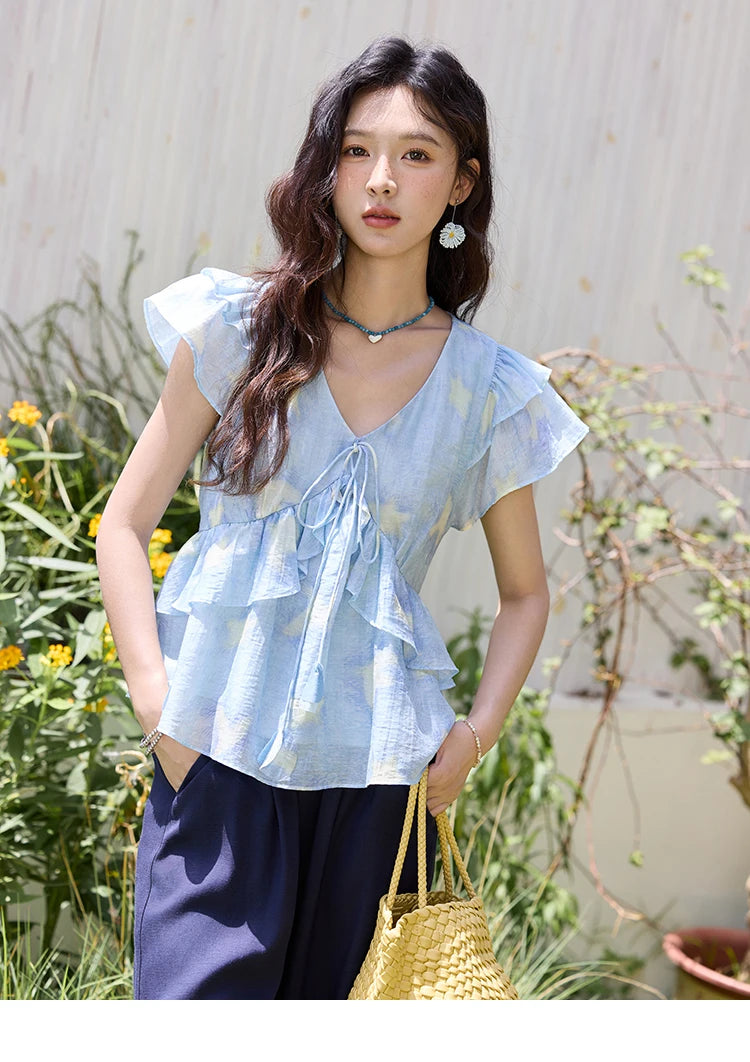MISHOW Women's Blue Double-Layer Ruffled Linen V-Neck Blouse MXE33X1819