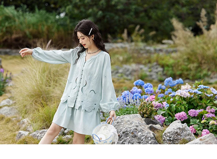 Mishow Vintage Hollow Embroidery Blouse & Solid A-Line Skirt Set MXE12T0455