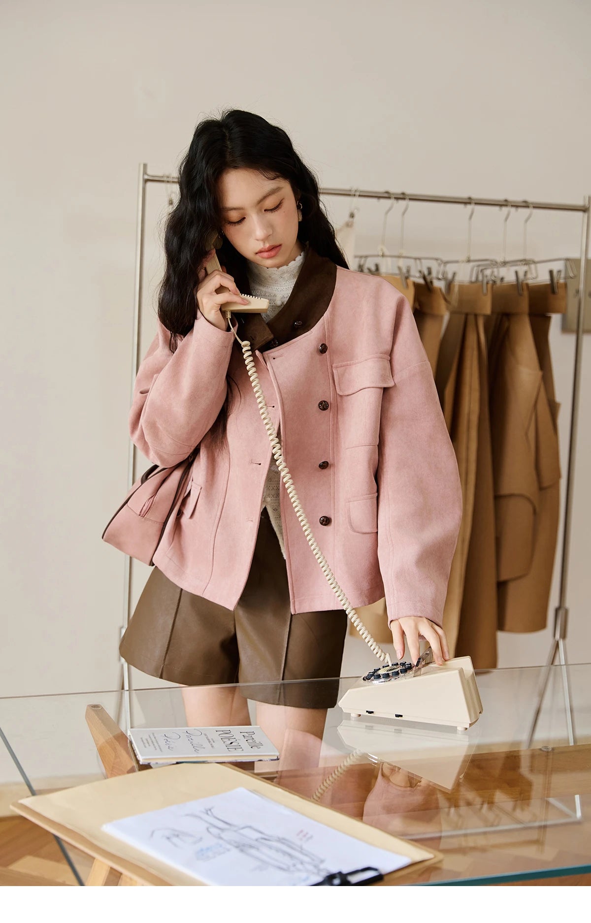 MISHOW Pink Coffee Suede Jacket Stand Collar Contrast Color MXE48W0851