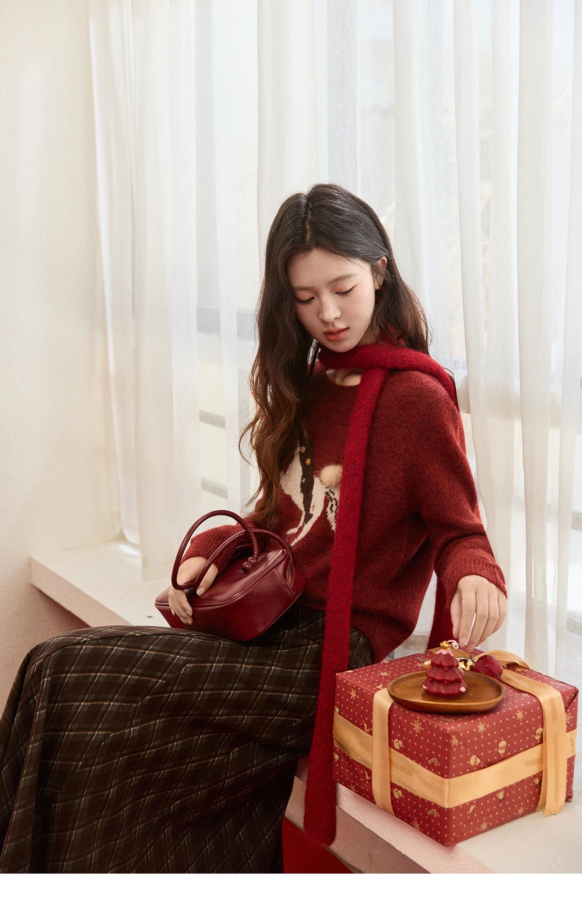 Mishow Christmas Red Jacquard Pony Sweater MXE94Z2861