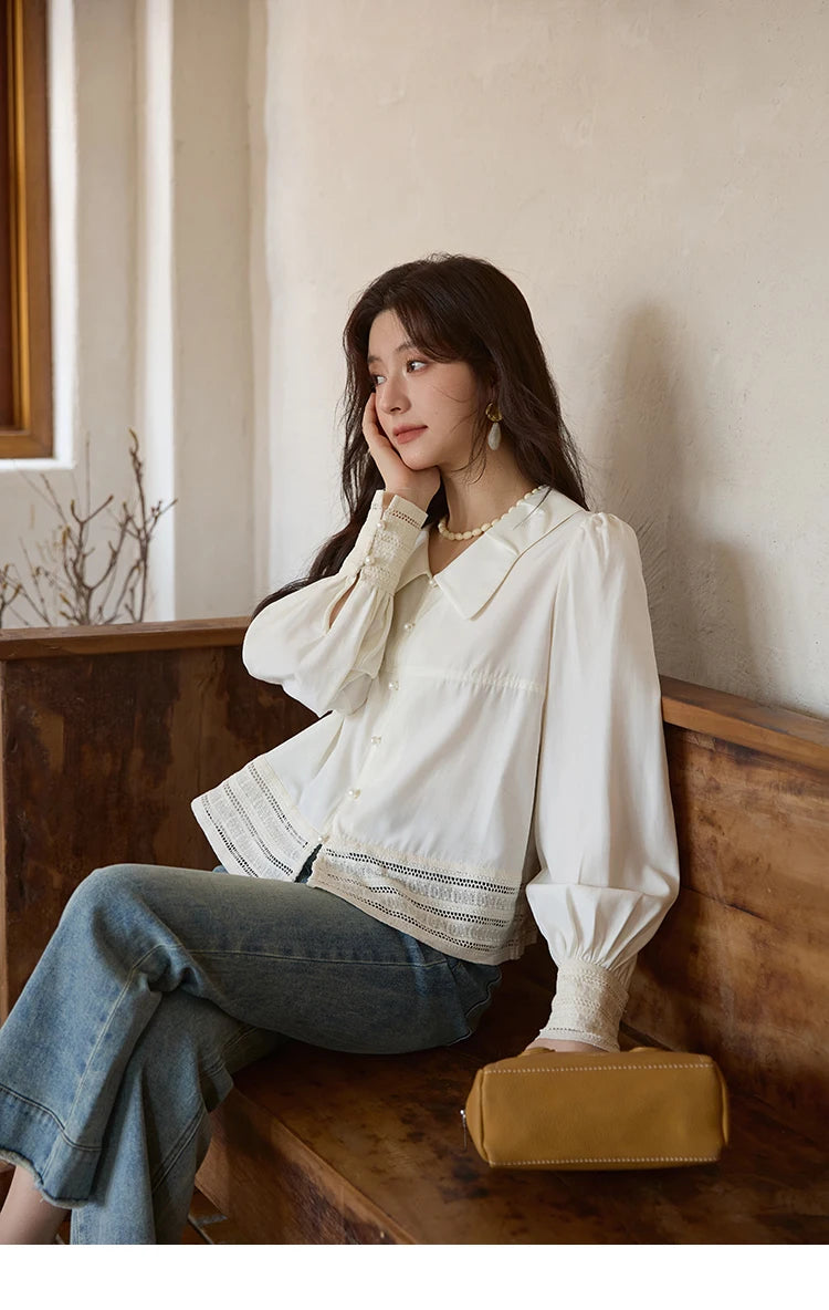 MISHOW French Lace Patchwork Shirt Butterfly Collar Lantern Sleeves MXE41C2357