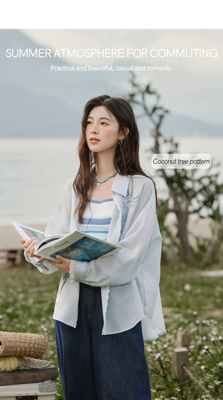 MISHOW Blue Hollow Embroidery Blouse Long Sleeve MXE31C0775