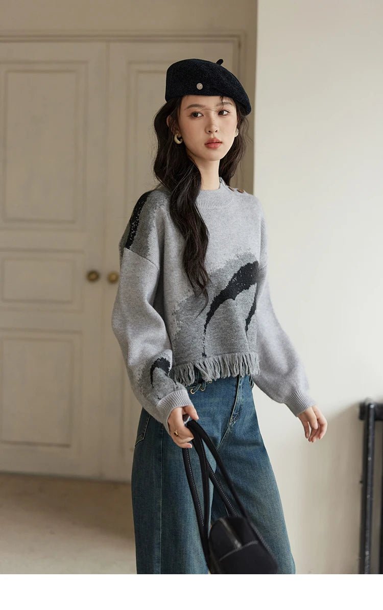 Mishow Tassel Half High Neck Lantern Sleeve Pullover MXD43Z0680
