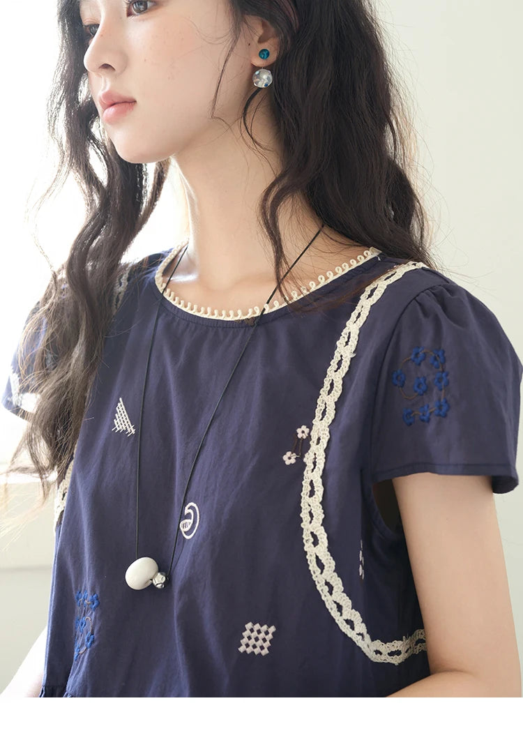 MISHOW O-Neck Spliced Lace Blouse Embroidery Flower MXE39X1965
