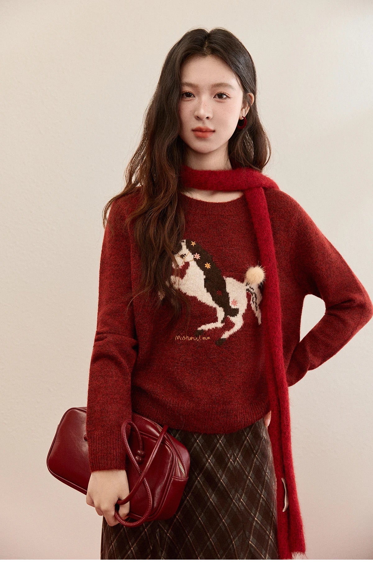 Mishow Christmas Red Jacquard Pony Sweater MXE94Z2861