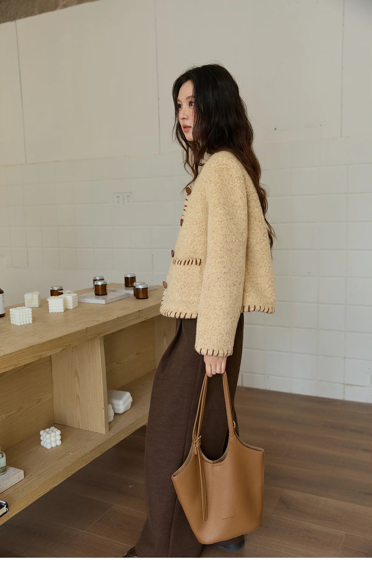 Mishow Apricot Round Neck Wool Blend Coat MXE88W0885