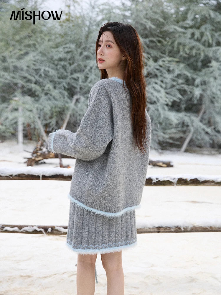 Mishow Gray Crew Neck Sweater & Knitted Mini Skirt Set MXE51T1406