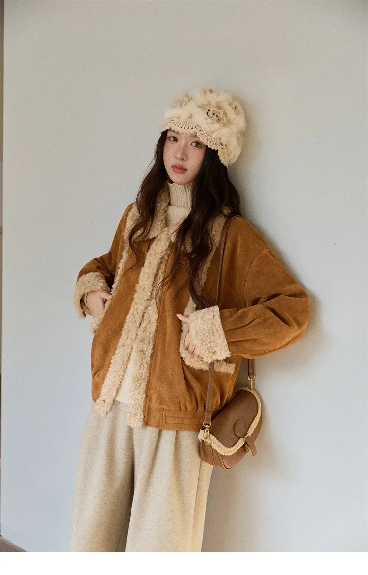 MISHOW Retro Brown Suede Jacket Patchwork Fur Turn Down Collar MXE89W0895