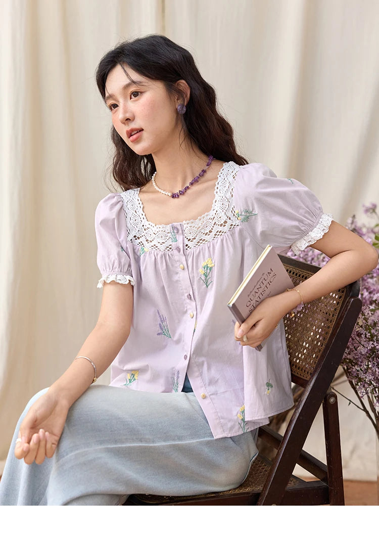 MISHOW Lace Patchwork Square Collar Blouse Puff Sleeve MXE36X1830