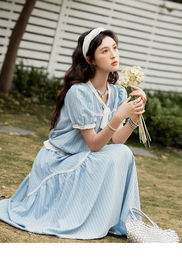 Mishow Blue Stripe V-Neck Top & A-Line Skirt Set MXE31T0531