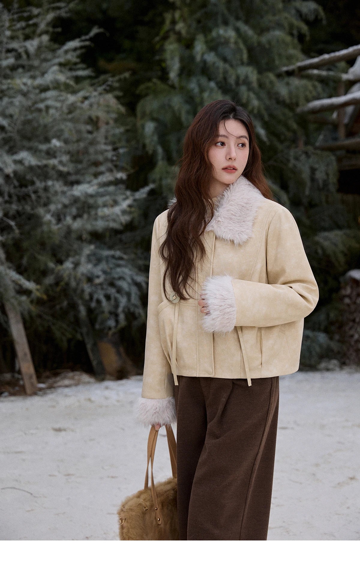 Mishow Apricot Suede Plush Collar Jacket MXE91W0987