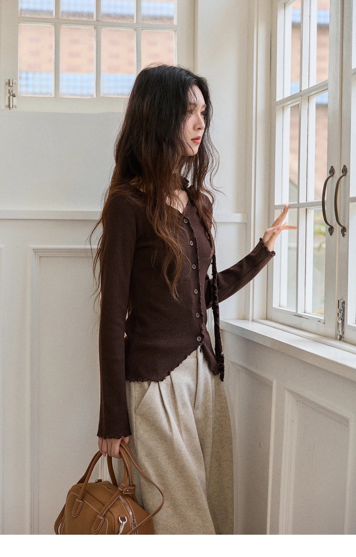 Mishow Ruffled Edge V-Neck Ribbon Knit Pullover MXE86Z2728