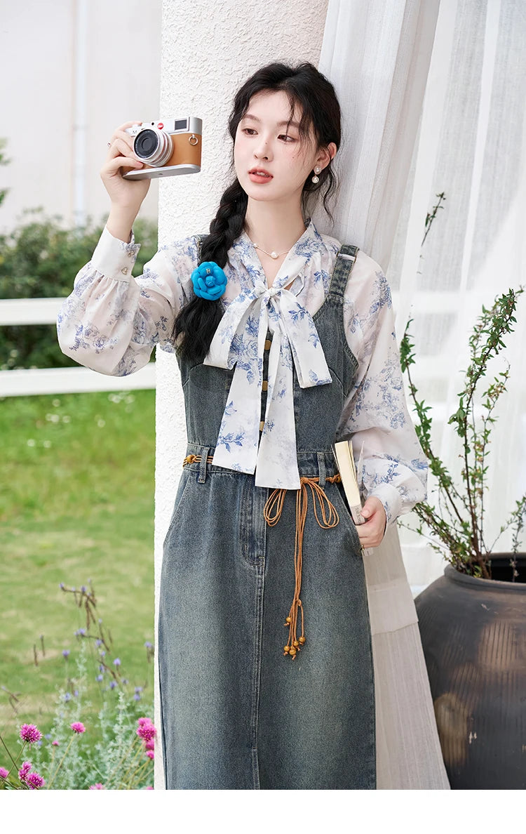 MISHOW Retro Denim Strap Pocket Midi Dress MXD14L1817